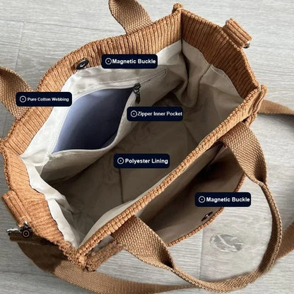 Large Corduroy Women's Shoulder Bag – Canvas Tote & Messenger Crossbody Bag for Students & Casual Wea