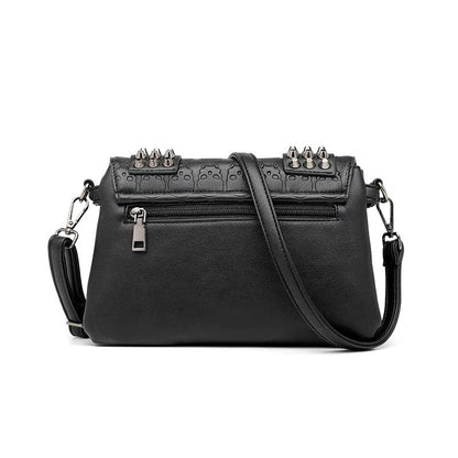 Fashion Women’s Black Leather Messenger Bag | Vintage Skull Rivets Crossbody