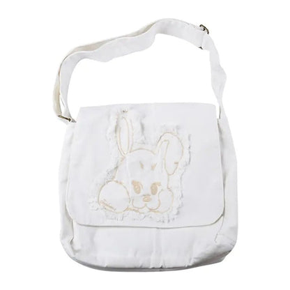 Harajuku Fringed Rabbit Embroidered Canvas Shoulder Bag – Stylish Women’s Crossbody