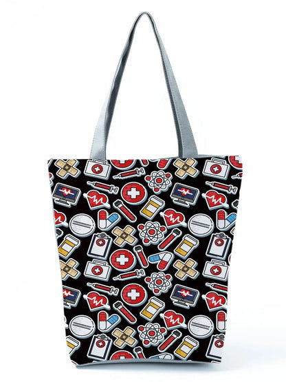 CartoonNurse Ladies Printed Handbag – Foldable High Capacity Eco Reusable Shoulder Bag for Travel & Shopping