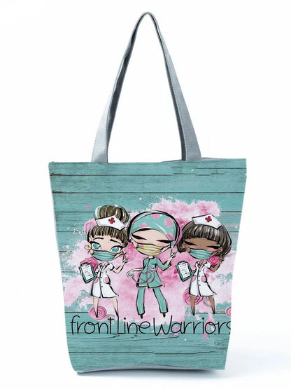 CartoonNurse Ladies Printed Handbag – Foldable High Capacity Eco Reusable Shoulder Bag for Travel & Shopping