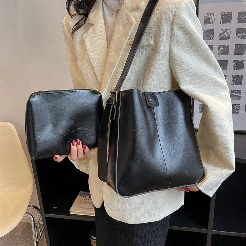 LEFTSIDE 2024 Retro Solid Color Leather Shoulder Bag - Stylish Korean Fashion