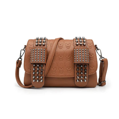 Fashion Women’s Black Leather Messenger Bag | Vintage Skull Rivets Crossbody