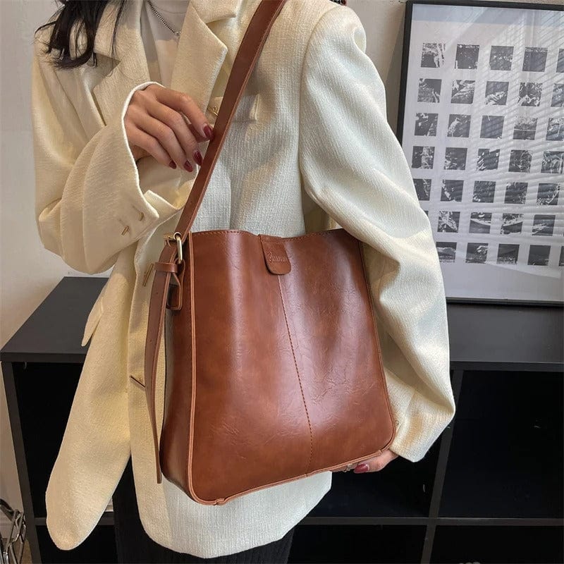 LEFTSIDE 2024 Retro Solid Color Leather Shoulder Bag - Stylish Korean Fashion