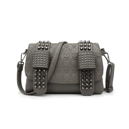 Fashion Women’s Black Leather Messenger Bag | Vintage Skull Rivets Crossbody