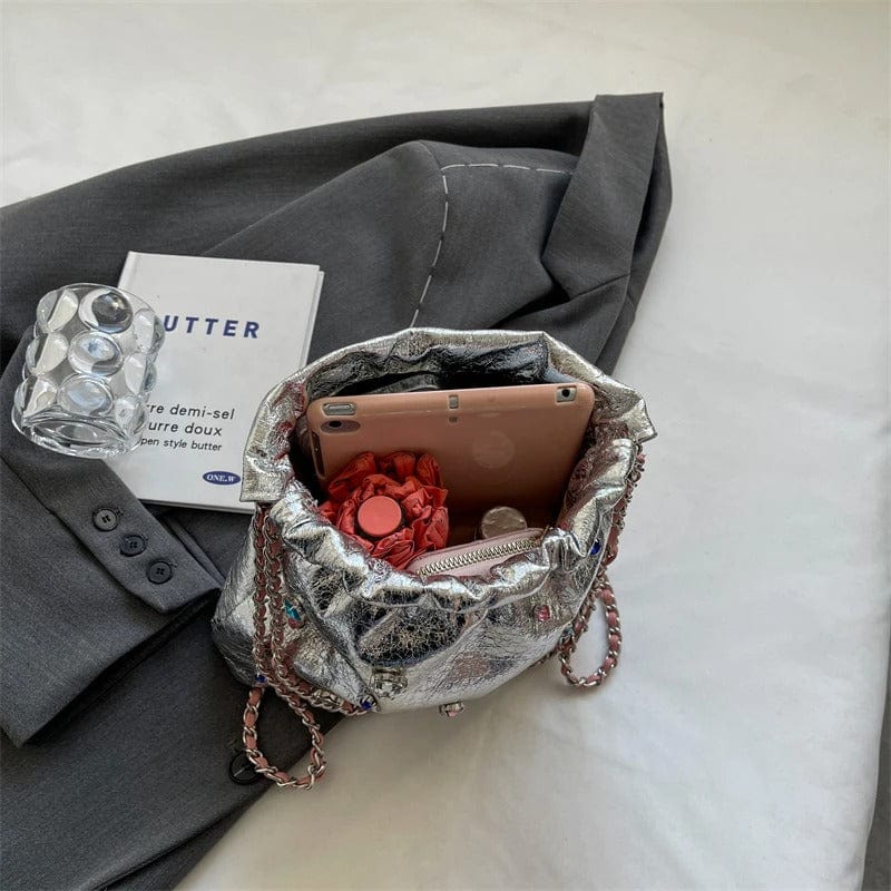 LEFTSIDE Luxury Silver Leather Crossbody Bag for Women – Diamonds Design, 2023