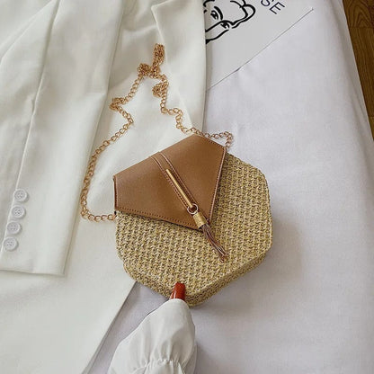 Handmade Straw & Leather Handbag for Women – Summer Rattan Beach Circle