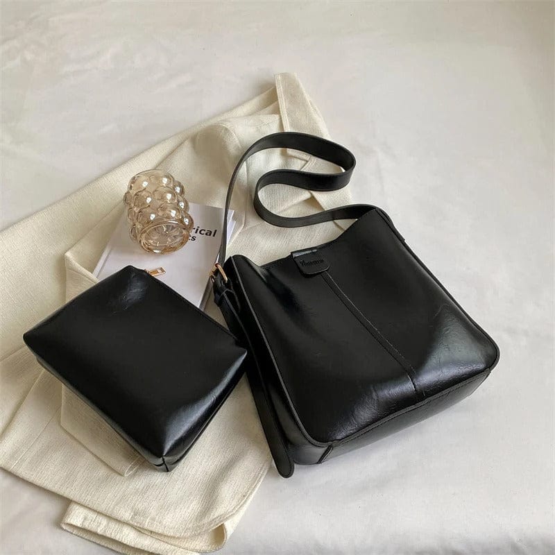 LEFTSIDE 2024 Retro Solid Color Leather Shoulder Bag - Stylish Korean Fashion