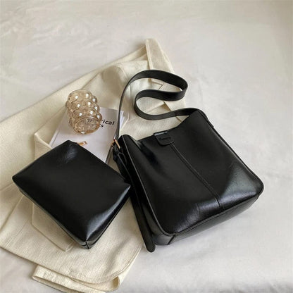LEFTSIDE 2024 Retro Solid Color Leather Shoulder Bag - Stylish Korean Fashion