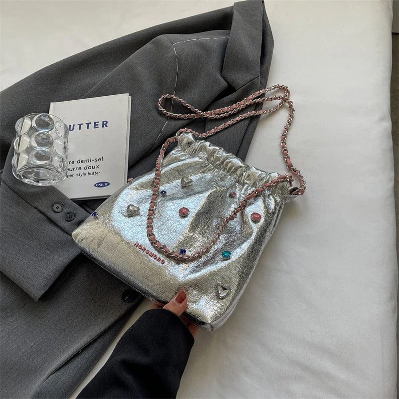 LEFTSIDE Diamonds Design Silver Leather Crossbody Bag for Women – 2023 Luxury