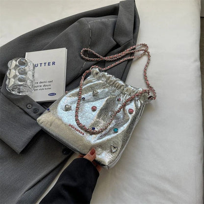 LEFTSIDE Diamonds Design Silver Leather Crossbody Bag for Women – 2023 Luxury