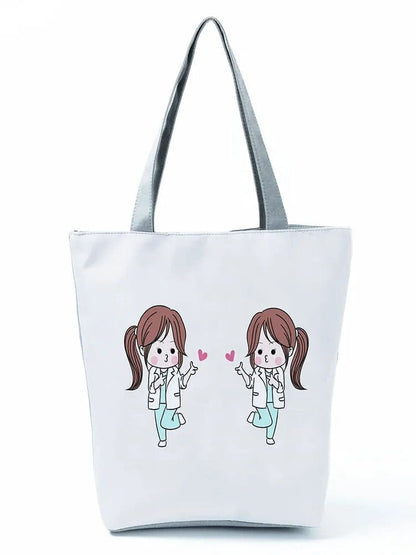 CartoonNurse Ladies Printed Handbag – Foldable High Capacity Eco Reusable Shoulder Bag for Travel & Shopping