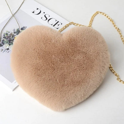 Cute Heart-Shaped Faux Fur Crossbody Bag – Plush Chain Shoulder Handbag for Women,