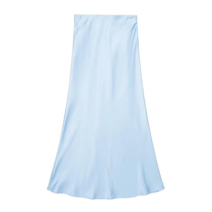 Casual Long Skirt Elastic High Waist A-Line Satin Skirt for Spring, Streetwear Chic